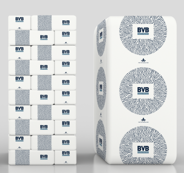 Stack of compact BVB Substrates blocks next to one large, neatly wrapped substrate bale featuring the blue-and-white BVB logo and circular pattern.