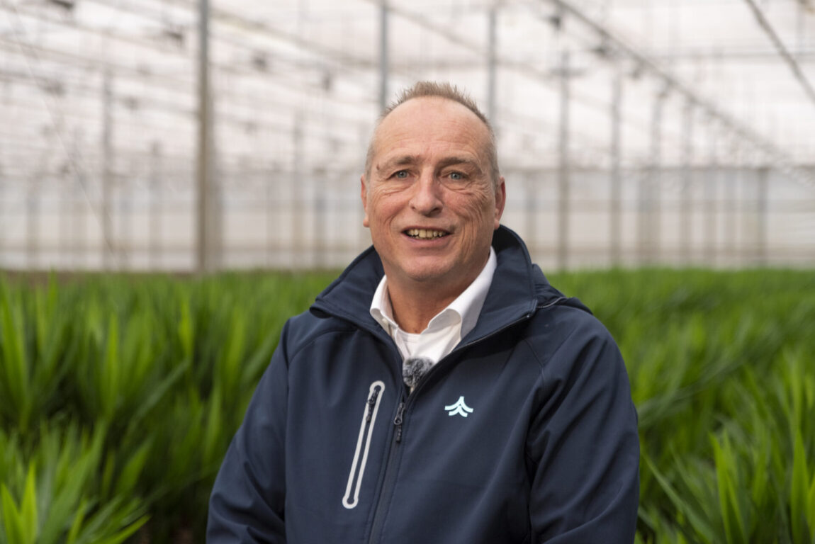 Person standing in a greenhouse among rows of green ornamental crops, wearing a dark jacket with visible branding, with the greenhouse structure extending into the background.